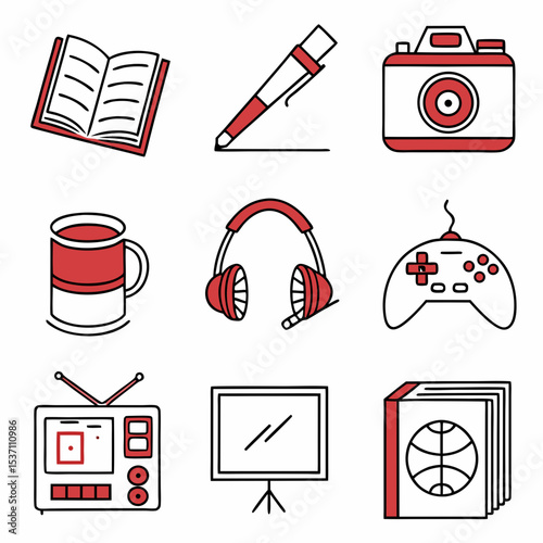 Red and white line art hobby icons set