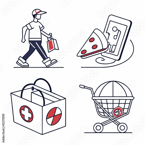 Delivery service icons pizza shopping cart medical bag