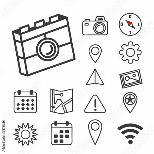 Travel icons set camera map location compass calendar