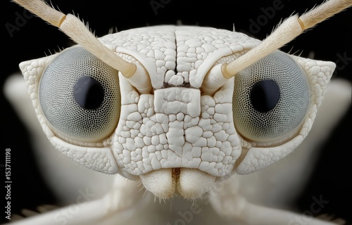 Extreme macro portrait of a spectral desert tick showcasing intricate details and textures against a deep black background