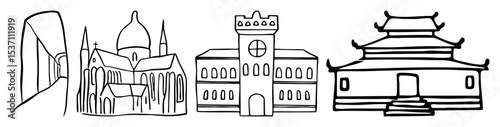 Vector Distinct architectural landmarks featuring a  building and pagoda.
