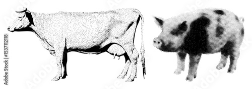 Vector Farm animals a cow and a pig depicted in a dotted vector style.