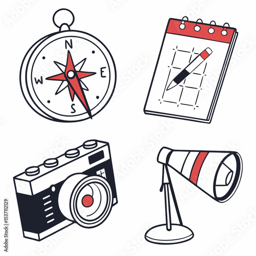 Travel planning essentials compass camera calendar lamp