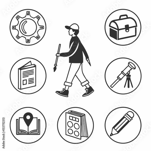 Boy walking with paintbrush surrounded by icons