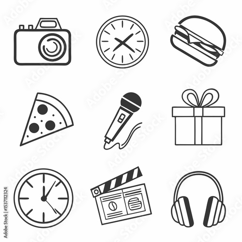 Nine simple line icons food time music film