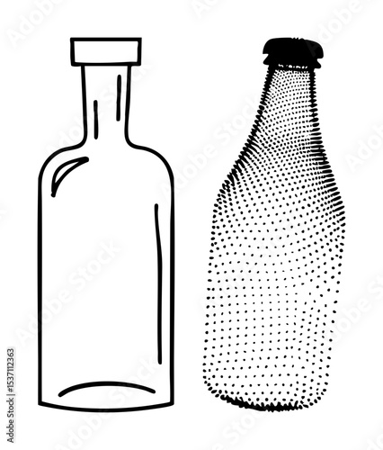 Vector Two glass bottles one outlined and one dotted stand side-by-side.
