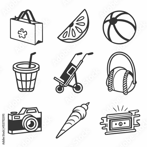 Summer vacation icons beach fun travel essentials