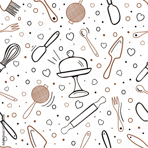 Baking seamless pattern. Hand drawn vector illustration in doodle style. tools for baking, black- brown color. repeat pattern