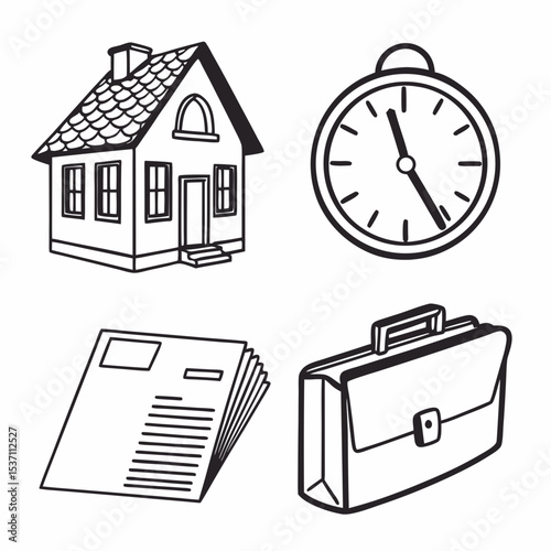 House clock newspaper briefcase icons transparent background