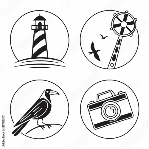 Professional vector icons set lighthouse bird camera ferris wheel transparent background