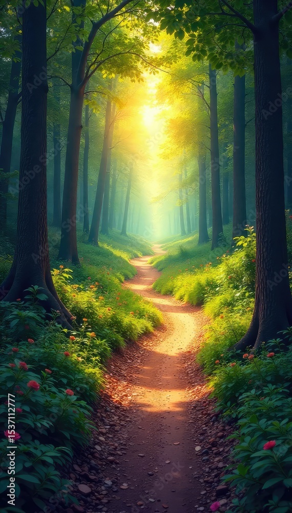 Naklejka premium A winding path through a vibrant forest leads to a distant, sunlit clearing, symbolizing a transformative journey and the achievement of a goal , route, foliage
