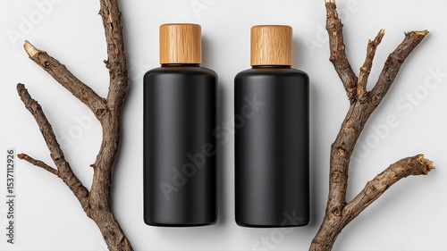 Two identical sleek black bottles with wooden caps, placed next to natural tree branches on a white background, suggesting organic and modern products