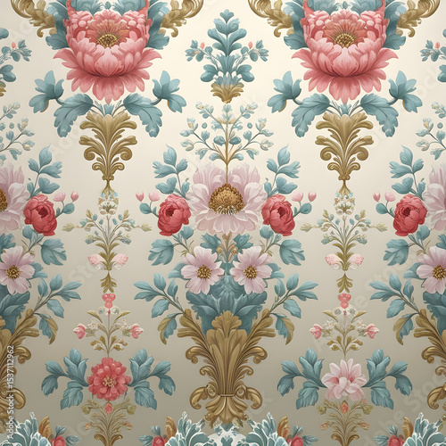 Seamless vintage botanical pattern with peonies and flourishes high resolution image