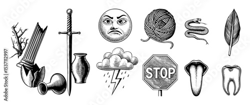 Vector Diverse Vector Illustrations: Hand Eye Snake and Symbolic Objects