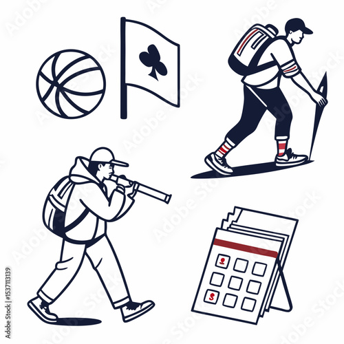 Adventure travel planning icons basketball clubs