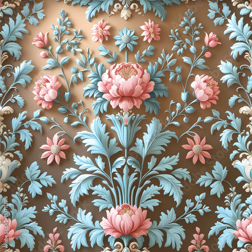 Antique baroque floral wallpaper with roses and leaves high resolution image