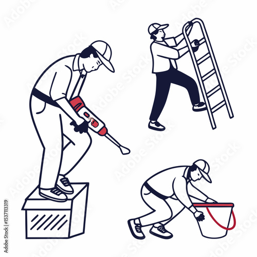 Construction workers using tools and ladder