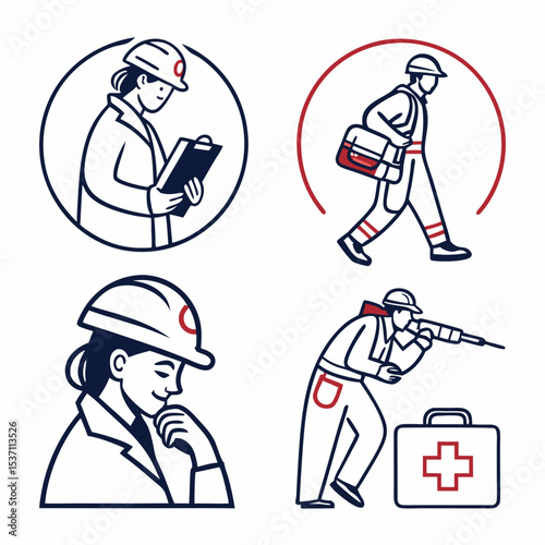 Professional female construction workers icons transparent background