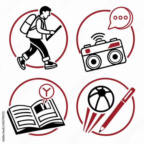 Student life icons backpack book music ball pen