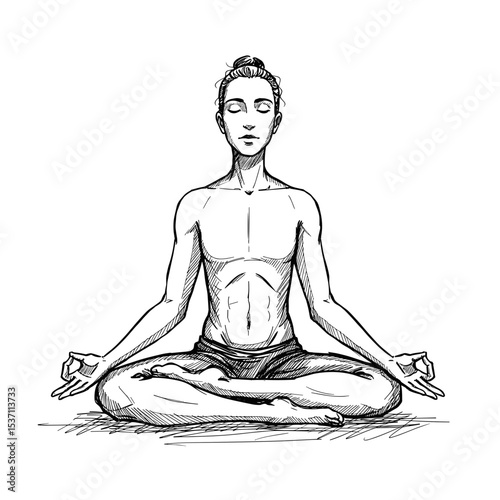 Man meditating in lotus position with calm expression  