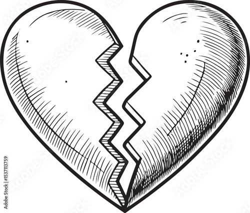 Cracked Broken Heart Vector Illustration, Sketch Drawing Line Linear Symbol Icon Engraving Coloring Book, Hand-drawn Black and White Isolated