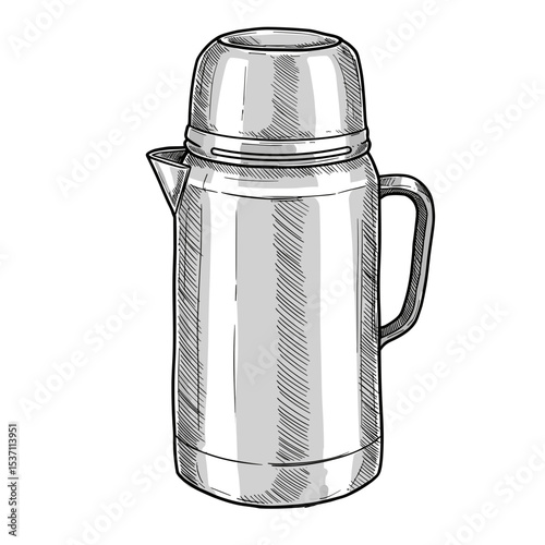 Stainless steel thermos flask with cup in sketch style  