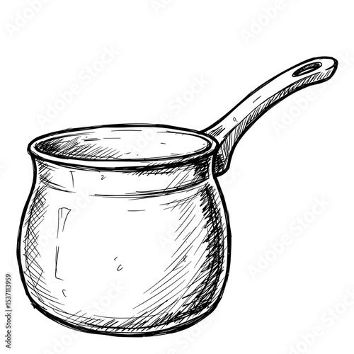 Sketched saucepan with a long handle on a white background  