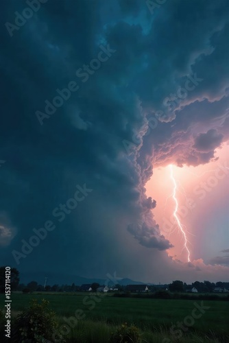 Imposing dark thunderhead dominates the sky, heavy with rain, ominous and powerful, a dramatic weather scene A breathtaking view of nature's raw power , meteorology, lightning