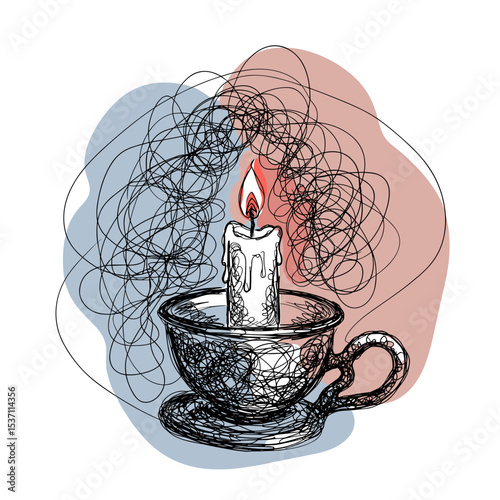 Candle in cup with swirling lines in artistic sketch style  