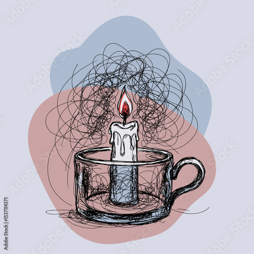 Candle in a glass cup with abstract background and swirling smoke  