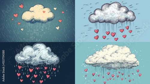 Four stylized illustrations of clouds raining hearts.  Each cloud is a different color scheme and evokes a different mood; a light cloud showering pastel hearts