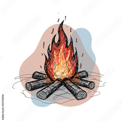 Hand-drawn campfire with vibrant flames and logs on a colorful background  