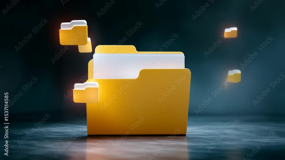 Yellow folder icon with digital document files floating dark space symbolizing efficient digital storage and organization technology for file
