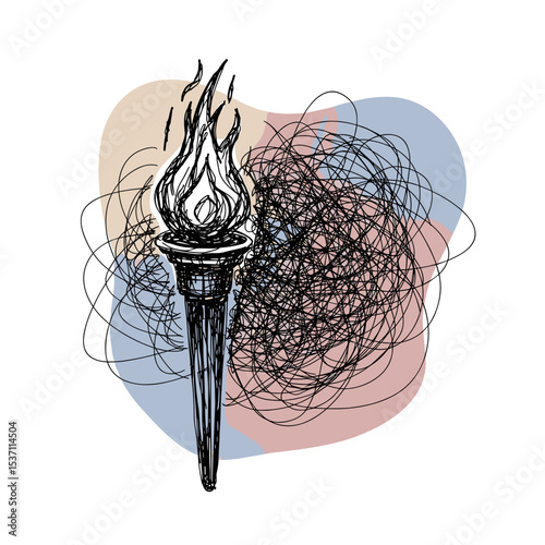 Hand-drawn torch with flames on abstract colorful background  