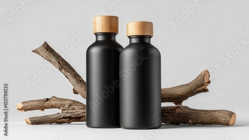 Two identical sleek black bottles with wooden caps, placed next to natural tree branches on a white background, suggesting organic and modern products