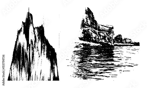 Vector Dramatic mountain and rocky coastline illustrations showcase natural landscapes.