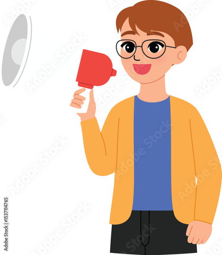 friendly man character announcement, smile male teacher wear eyeglasses and using megaphone to inform illustration