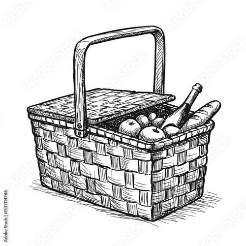 Woven picnic basket filled with fruits and a bottle of wine  