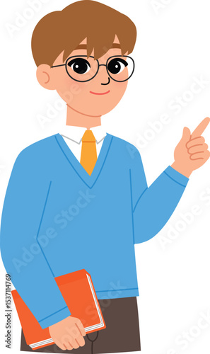 friendly man character hold book, smile male teacher wear eyeglasses and teaching , pointing finger illustration