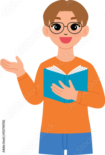friendly man character hold open book, smile male teacher wear eyeglasses and teaching , pointing hand illustration