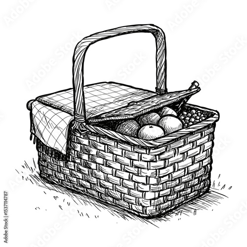 Woven basket with eggs covered by a cloth on grass background  