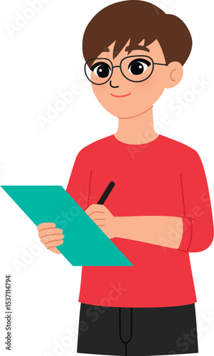 friendly man character writing on clipboard, smile male teacher wear eyeglasses and check attendance student illustration