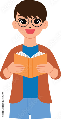 friendly man character hold open book, smile male teacher wear eyeglasses and teaching , read out loud illustration