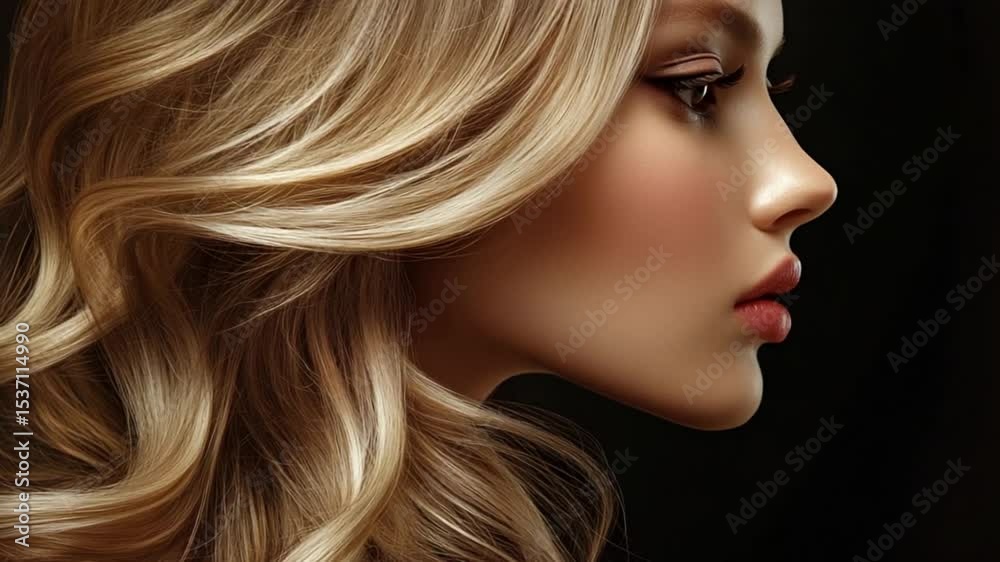 Profile of a young woman with flowing blonde hair against a dark backdrop, highlighting beauty Profile of a young woman with flowing blonde hair against a dark backdrop, highlighting beauty
