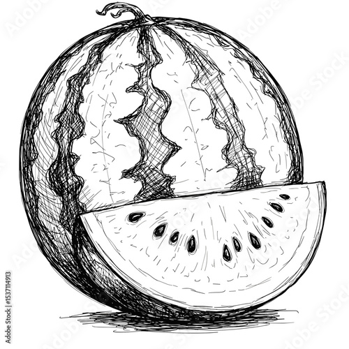 Watermelon illustration with a sliced piece showing its texture  