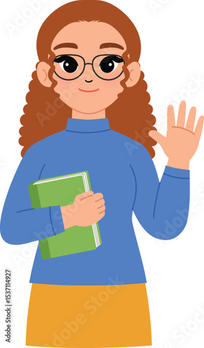 friendly woman character hold book, smile female teacher wear eyeglasses and waving hand illustration