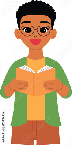 friendly black man character hold open book, smile black male teacher wear eyeglasses and teaching , read out loud illustration