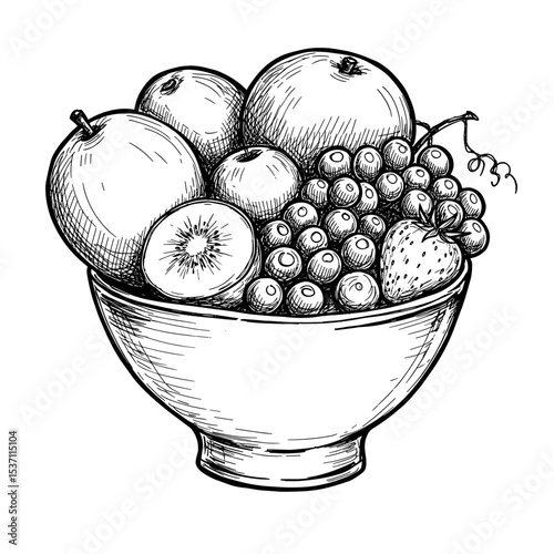 Bowl of assorted fruits including apples, berries, and grapes  