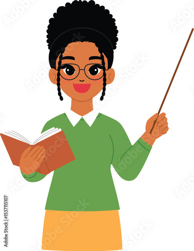 friendly black woman character hold open book and pointing stick, smile black female teacher wear eyeglasses and teaching illustration