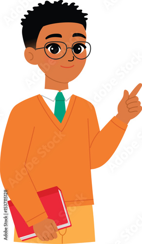 friendly black woman character hold book, smile black female teacher wear eyeglasses and teaching , pointing finger illustration